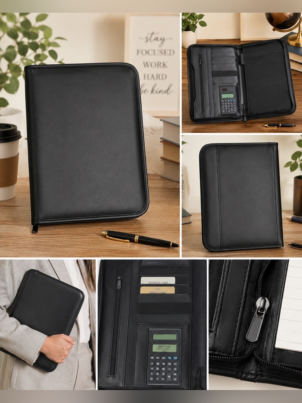 Black Zippered Padfolio Organizer with Calculator